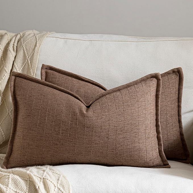 12x20 Linen Pillow Covers Brown Pack of 2 Farmhouse Boho Neutral Accents Striped Textured Rectangular Lumbar Decorative Throw Pillow Cases for Living Room Couch Bed Home Decor