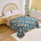 Boho Throw Blanket, 100% Organic Cotton Breathable Ultra Soft 60" x 80" Bed Quilt Blue Throw - All Season Bird Floral Rustic Farmhouse Decor Reversible Blanket for Couch Chair and Gift