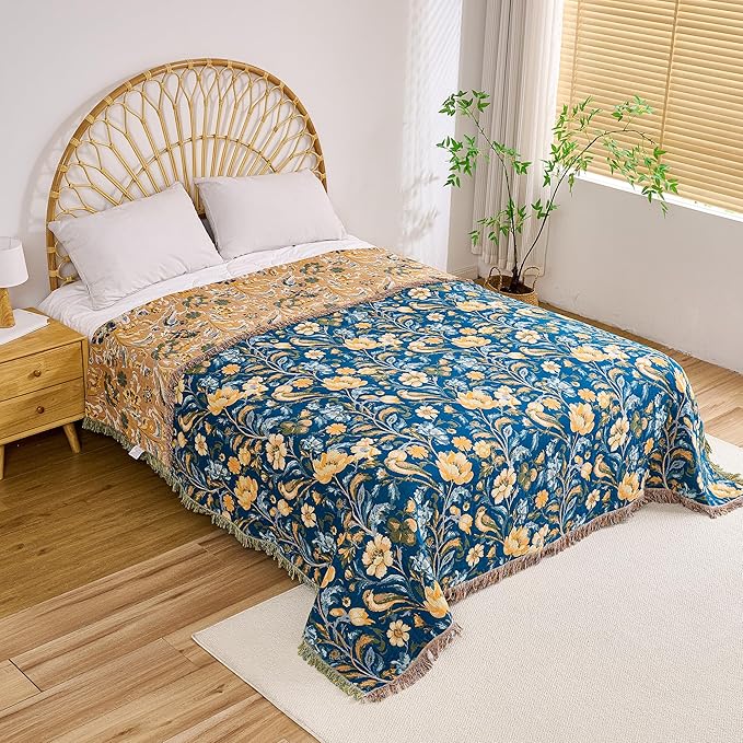 Boho Throw Blanket, 100% Organic Cotton Breathable Ultra Soft 60" x 80" Bed Quilt Blue Throw - All Season Bird Floral Rustic Farmhouse Decor Reversible Blanket for Couch Chair and Gift