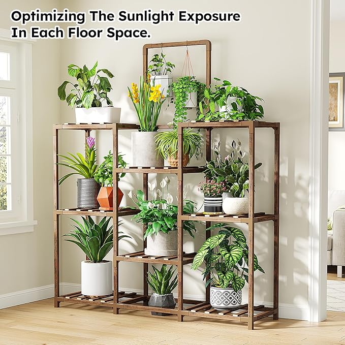 EnHomee Plant Stand, 8 Tiers Indoor Plant Stand for Multiple Plants Pot, Wood Plants Shelves for Living Room, Patio, Balcony, Yard, Garden, 34.3" W x 11.8" D x 47.2" H