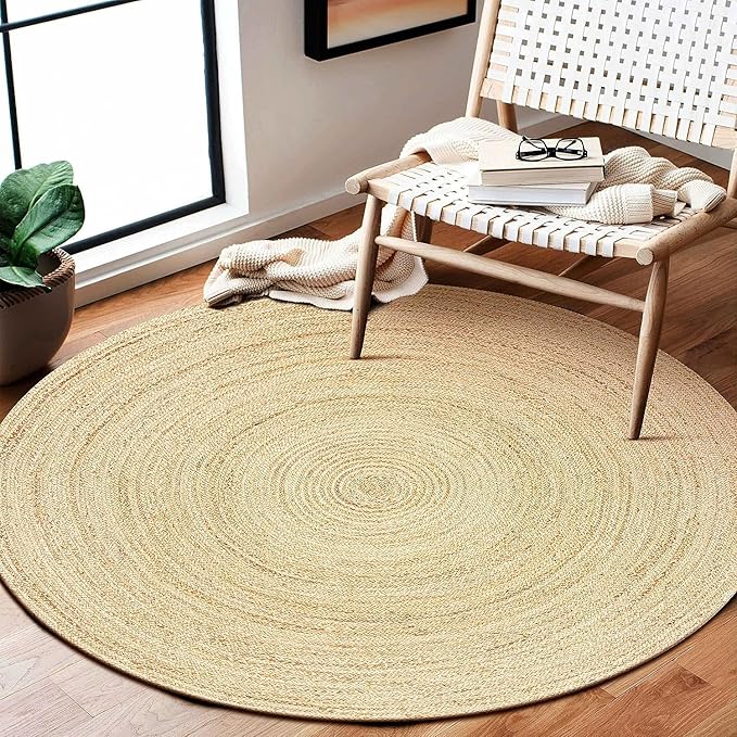 Jute Braided Area Rug, 5 feet Round, Stain Resistance Natural Handmade Circle Boho Area Rug for Entryways, Living Room, Bedroom, Farmhouse Vintage Decor, Reversible Jute Rug