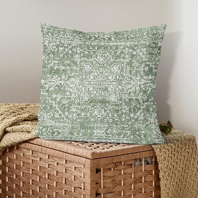 Sage Green Boho Throw Pillow Covers 18x18 Inch Decorative Square Bohemian Carpet Pattern Ethnic Pillow Cases Vintage Geographic Rug Cushion Covers Farmhouse Home Decor For Sofa Couch Outdoor Set of 2