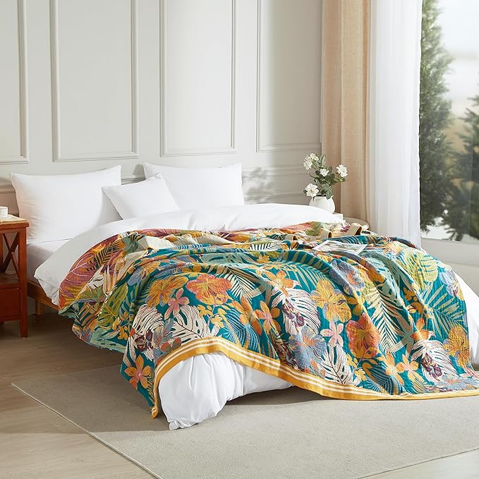 Boho Throw Blanket for Bed 80”x90”, 100% Cotton Woven Blanket for Couch Sofa, Ultra Soft 4-Layer Muslin Quilt with Floral Printed, Farmhouse Bed Blanket/Cover for Living Room Decor