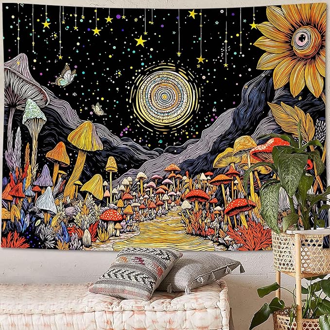 Yeoiat Tapestry Mystical Mushroom Path Tapestries Celestial Forest Tapestries Vibrant Sunflower Wall Tapestry Bedroom Dormitory Living Room Decoration 60"x44"