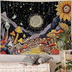 Yeoiat Tapestry Mystical Mushroom Path Tapestries Celestial Forest Tapestries Vibrant Sunflower Wall Tapestry Bedroom Dormitory Living Room Decoration 80"x60"