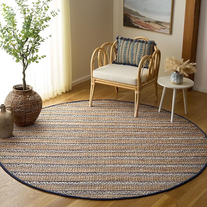 SAFAVIEH Natural Fiber Collection Area Rug - 7' Round, Navy & Natural, Flatweave Jute & Cotton, Ideal for The Entryway, Living Room, Foyer, Bedroom (NFB655N)
