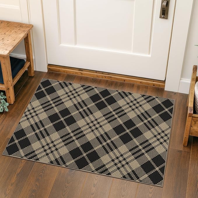 JTJ Black and White Indoor Entrance Rugs 2x3 - Easy Jute Woven Accent Rug for Indoor Area, Kitchen, Bedroom, Washable Low Pile Vintage Classic Decor