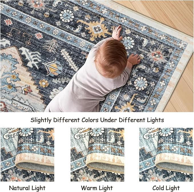 8x10 Area Rugs for Living Room, Washable Rugs with Non-Slip Backing, Super Soft Thin Large Rug for Nursery Room, Dining Room, Office, Vintage Neutral Area Rug (Navy/Pink, 8'x10')