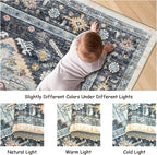 8x10 Area Rugs for Living Room, Washable Rugs with Non-Slip Backing, Super Soft Thin Large Rug for Nursery Room, Dining Room, Office, Vintage Neutral Area Rug (Navy/Pink, 8'x10')