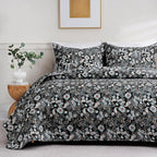 JSD Black Paisley Floral Quilt Set Full Queen, 3 Piece Printed Bedspreads Coverlet with Pillow Sham, Soft Microfiber Quilted Blanket