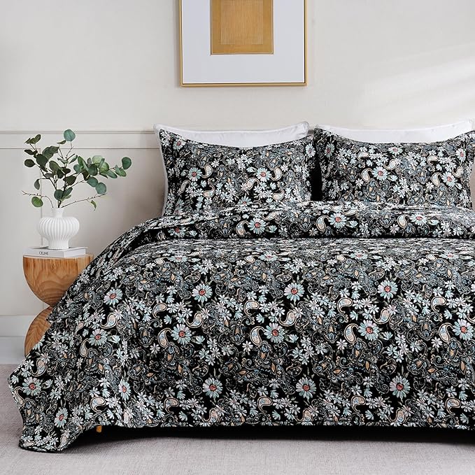 JSD Black Paisley Floral Quilt Set Full Queen, 3 Piece Printed Bedspreads Coverlet with Pillow Sham, Soft Microfiber Quilted Blanket