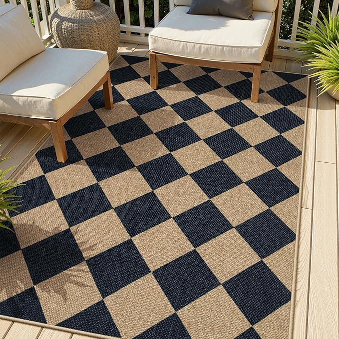 Lanffia Checkered Easy Jute Outdoor Rug, Black 3x5 Entryway Rugs for Living Room, Diamond Washable Indoor Outdoor Carpet, Neutral Non Slip Stain Resistant Front Door Carpet for Porch Patio