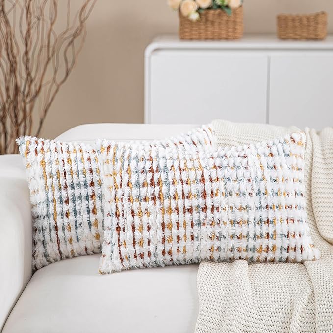 Boho Lumbar Pillow Covers Set of 2-12x20 Inch Farmhouse Tufted Boho Throw Pillows, Neutral Fluffy Pillow Cases Rectangle Accent Pillowcase for Couch Bedroom Living Room Sofa, Yellow White