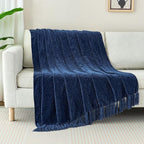 Chenille Throw Blanket for Couch with Tassels,50"X60" Soft Cozy Lightweight Knitted Boho Decorative Blankets for Bed and Sofa,Navy Blue