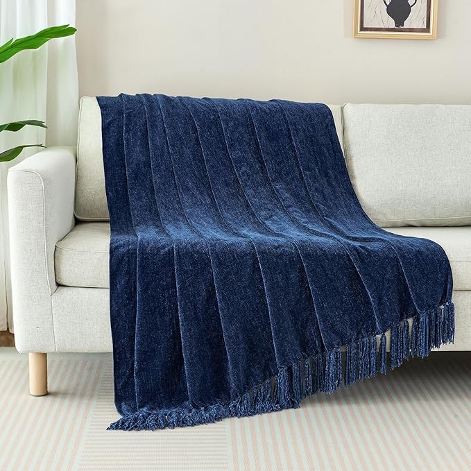 Chenille Throw Blanket for Couch with Tassels,50"X60" Soft Cozy Lightweight Knitted Boho Decorative Blankets for Bed and Sofa,Navy Blue