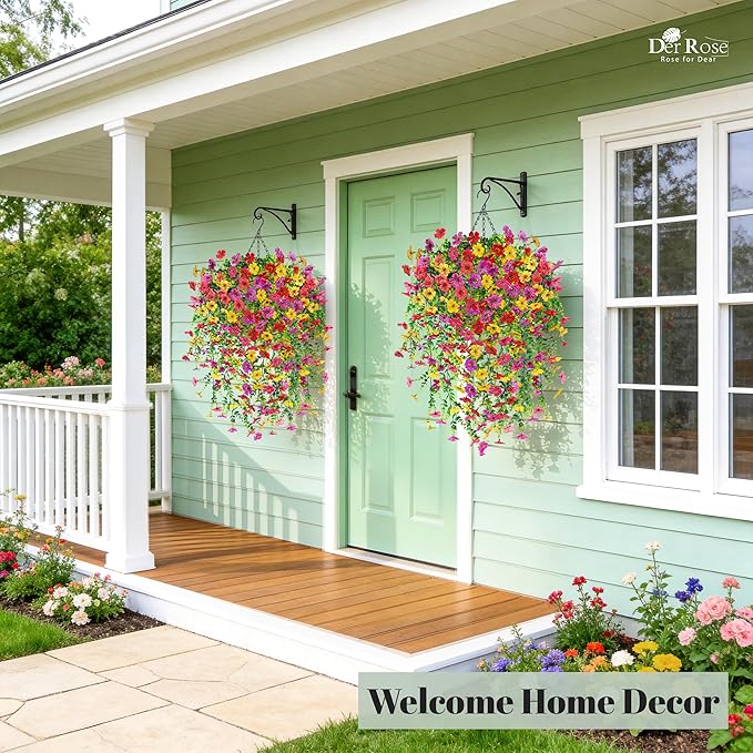 Der Rose 2Pcs Artificial Hanging Flower Basket for Outdoors Fake Hanging Flowers Plants with 4 Faux Silk Trailing Vines for Porch Patio Balcony Spring Decor