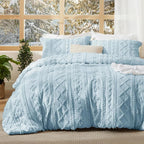 Bedsure Tufted Boho Comforter Set Queen Size - Light Blue Boho Bed Set, GentleSoft™ 3 Pieces Farmhouse Shabby Chic Embroidery Bedding, Gifts for Woman, Soft Jacquard Queen Comforter for All Seasons