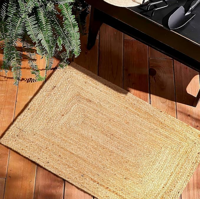 Jute Rug 2'x3' Area Rug - Pack of 2, Hand Woven Jute Braided Boho Rug for Living Room Outdoor Bedroom Kitchen Entryway Farmhouse Hallway, Rustic Vintage Natural Reversible Floor Rugs: Natural Jute