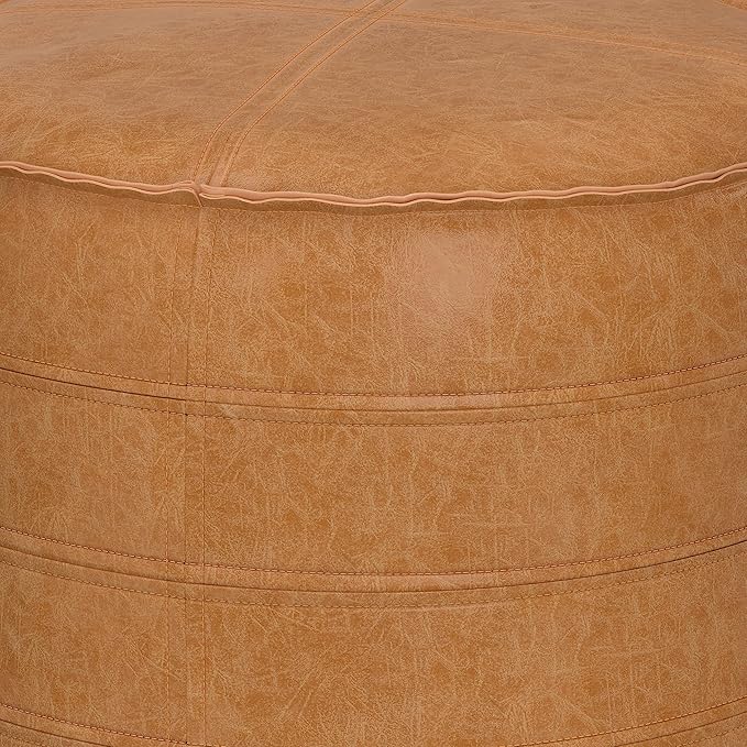 SIMPLIHOME Brody Round Pouf - 20 inch Wide Upholstered Vegan Leather Ottoman in Distressed Brown, Boho Footstool or Extra Seating for Living Room or Bedroom with Polystyrene Filling, Assembled