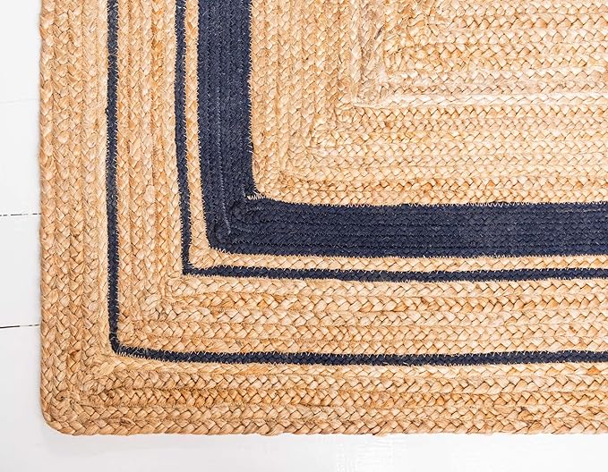 Unique Loom Braided Jute Collection Classic Quality Made Natural Hand Woven with Coastal Design Area Rug (4' 0 x 6' 0 Rectangular, Natural/ Navy Blue)