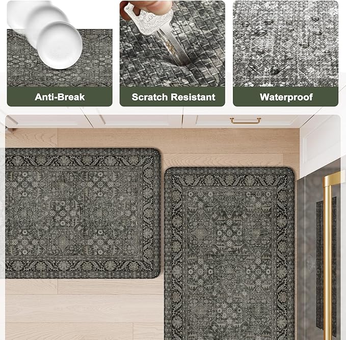 KIMODE Anti Fatigue Kitchen Mats for Floor, 20"x71" Boho Oriental Kitchen Rug, Non Slip Waterproof Kitchen Floor Mats, Memory Foam Kitchen Mat for Sink Laundry Office Desk Green/Grey