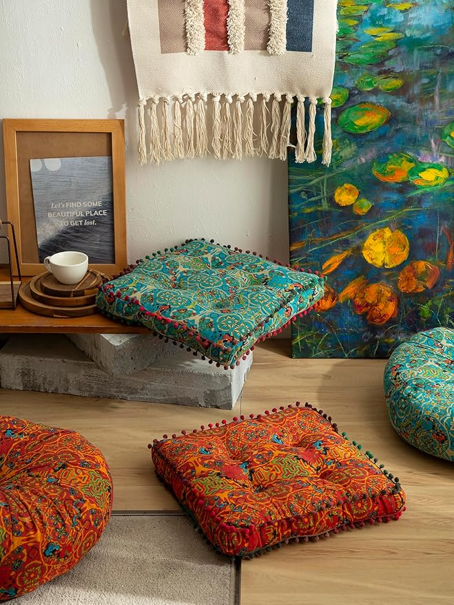 Moroccan Printed Square Chair Pads Cotton Linen Soft Comfort Chair Cushion Colorful Pompom Seat Cushions for Indoor Dining Room and Kitchen Chairs (Orange,16x16 Inch)