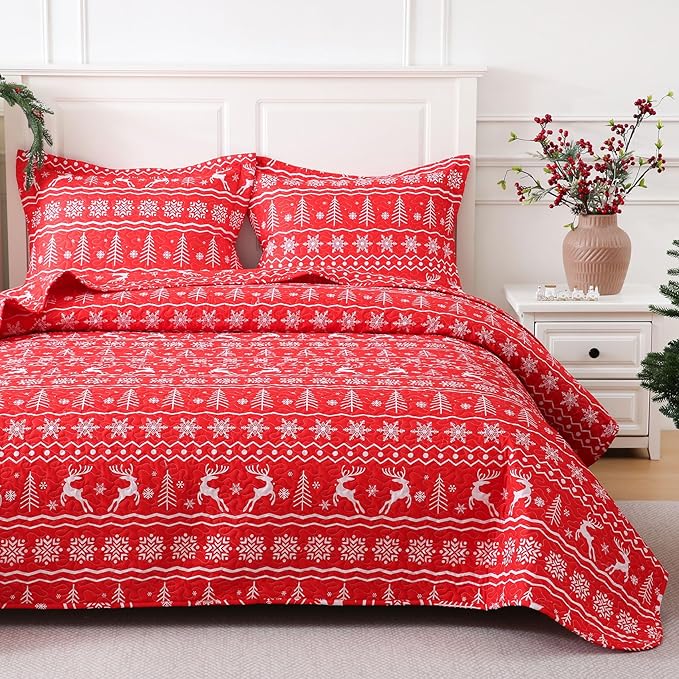 JSD Nordic Christmas Quilt Set Twin Size, Red White Reindeer Snowflakes Tree Printed Bedspreads Coverlet with Pillow Sham 2 Piece