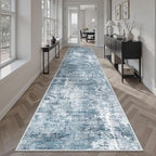 Runner Rug 2'6" x 12' Washable Non-Slip 2.5x12 ft Long Runner Rugs for Kitchen Bathroom Laundry Room Vintage Ultra Thin Runners for Hallway Entryway Blue/Grey