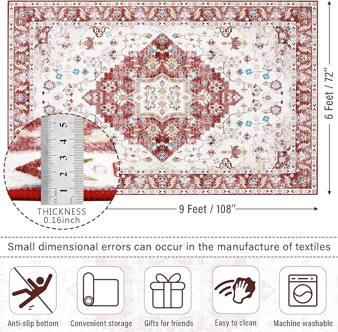 Amearea Vintage Design Area Rugs for Living Room, 6x9 Machine Washable Floral Collection Traditional Bedroom Rug, Low Pile Cute Kids Room Print Carpet, No Slip Office Kitchen Home Decor, Red