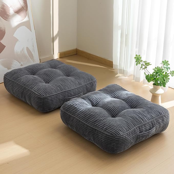 HIGOGOGO 6" Extra Thick Floor Pillow Cushion for Adults, Meditation Cushion Pillow, Large Square Floor Sitting, Tufted Corduroy Cover, for Tatami Living Room or Yoga, 22x22 Inch, 2Pack, Dark Grey
