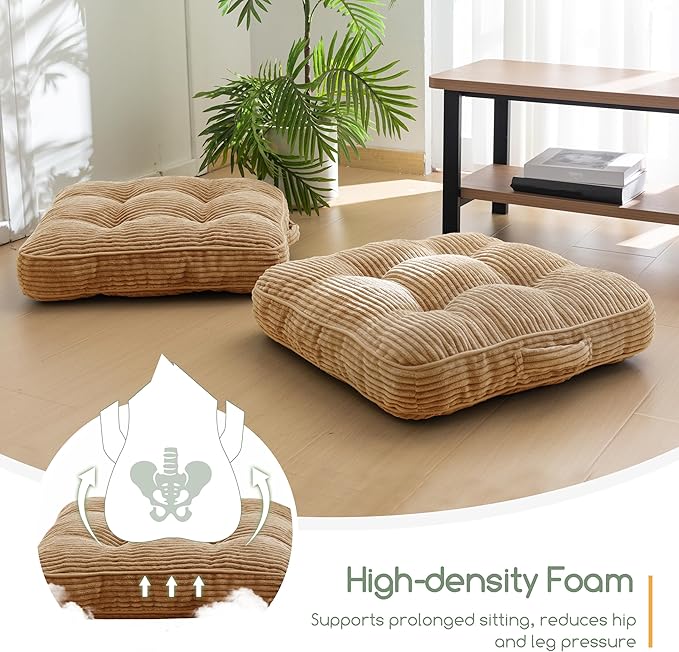 HIGOGOGO Floor Pillow Cushion for Adults, Meditation Cushion Pillow, Large Square Floor Sitting, Tufted Corduroy Cover, for Tatami Living Room or Yoga, 22x22 Inch, 2Pack, Coffee
