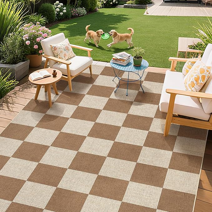 GarveeHome Easy Jute Area Rugs 6x9 for Living Room Non-Slip Backing Checkered Rugs Machine Washable Modern Indoor Outdoor Carpets for Dining Room Nursery Patio Bedroom Backyard Camping Brown