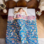 Fall Throw Blanket for Couch, Blue Boho Decorative Throw Blanket, 100% Cotton Muslin Breathable Woven Farmhouse Blankets Quilt, 90"x98" Reversible Lightweight Blankets Bohemian Throw Quilt