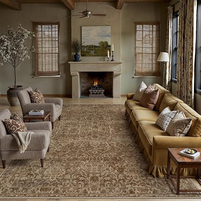HUGEAR Area Rug 8x10 Brick Red Machine Washable Living Room Rugs Distressed Vintage Floral Vacuumable Low Pile Carpet Bedroom Office Dining Room Laundry Room Non Slip Soft Lightweight