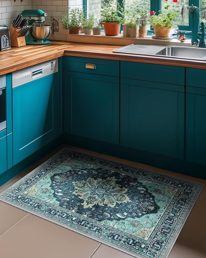 Area Rugs 2'x4' Kitchen Rugs Entry Rug Small Rugs for Entryway Kitchen Bathroom Door Mat Indoor Entrance,Washable Non Slip, Teal Green Lake Blue Turquoise