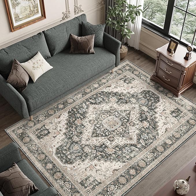 6x9 Area Rugs for Living Room, Washable Rug with Non-Slip Backing, Ultra-Thin Rugs for High-Traffic Areas, Super-Soft Floral Vintage Farmhouse Large Area Rug (Black/Beige, 6'x9')