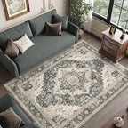 6x9 Area Rugs for Living Room, Washable Rug with Non-Slip Backing, Ultra-Thin Rugs for High-Traffic Areas, Super-Soft Floral Vintage Farmhouse Large Area Rug (Black/Beige, 6'x9')
