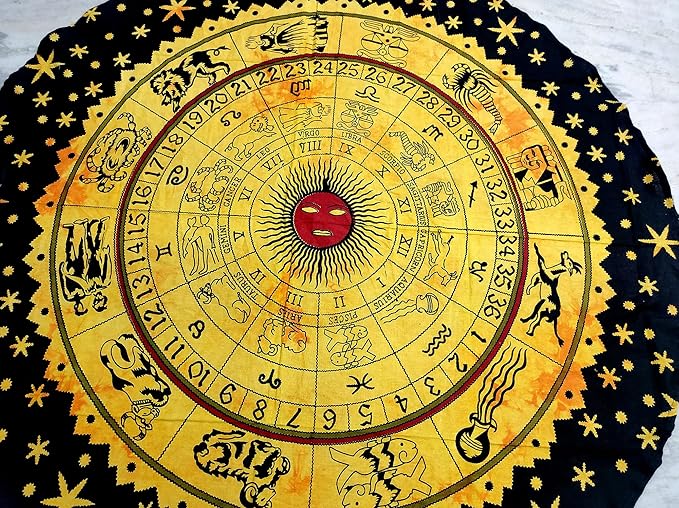Round Beach Tapestry Turquoise Mandala Throw/Boho Hippie Beach Blanket Roundie/Indian Cotton Bohemian Large Round Table Cloth-Home Decor/Yoga Mat Meditation Picnic Rug (42", Yellow Black)