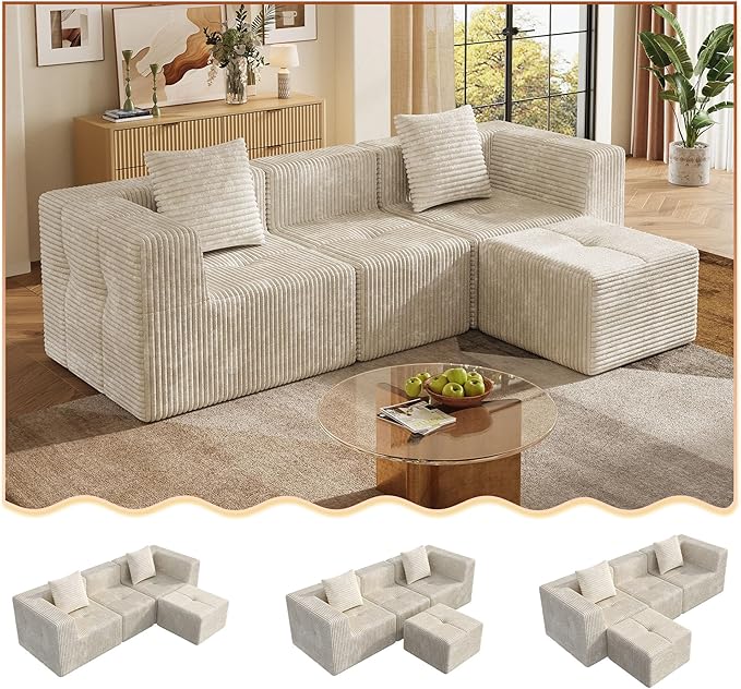 WLIVE 108'' Cloud Sectional Couches for Living Room, Modular Boneless Couch with Left Facing Chaise, L Shape Memory Foam Corduroy, with Ottoman, Beige