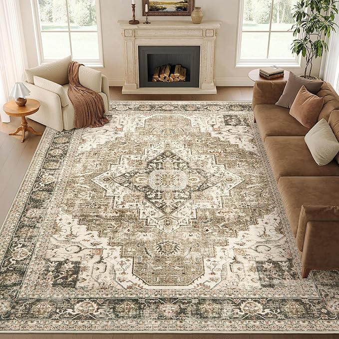 Washable Rugs 8x10 Area Rugs for Living Room, Bedroom, Office, Ultra-Thin Anti Slip Backing Rug, Super-Soft Vintage Large Area Rug, Home Decor Farmhouse Rugs (Brown/Beige, 8'x10')