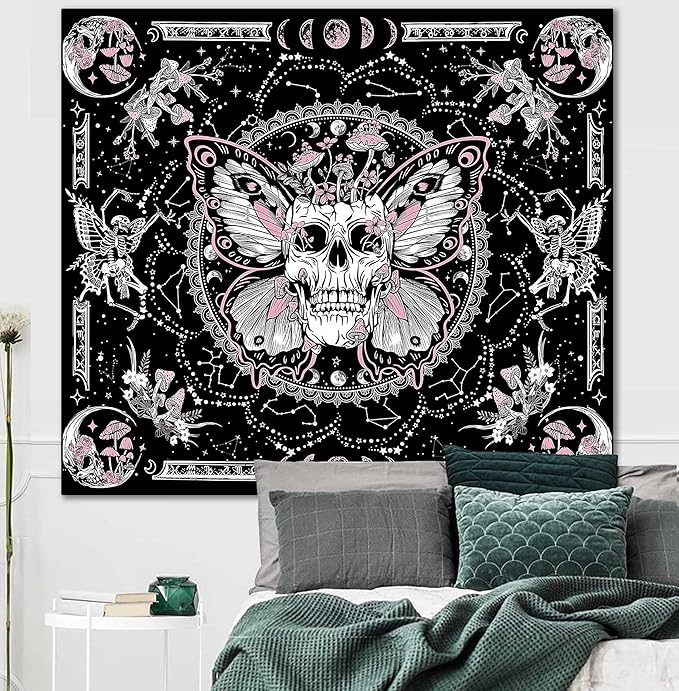 OIOVOIO Skeleton Butterfly Tapestry Skull Mushroom Wall Tapestries Hippie Nature Plants Floral Flower Aesthetic Tapestry Moon Phase Tapestries Wall Hanging for Living Room Dorm (Pink, 59” x 51”)