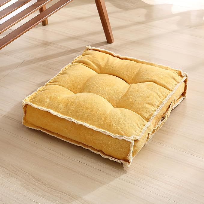 Verpert Square Thick Floor Seating Cushions,Solid Thick Tufted Cushion Meditation Pillow for Sitting on Floor,Tatami Pad for Guests or Kids Reading Nook, Yoga Living Room Sofa Balcony Outdoor(Yellow)