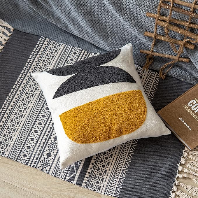 Square Bohemian Decorative Pillow Cover, Abstract Cotton Hand Woven Throw Pillowcase for Boho Bedroom Living Room, Modern Decor Home Cushion Sham 18x18, 1PC(Black Mustard)