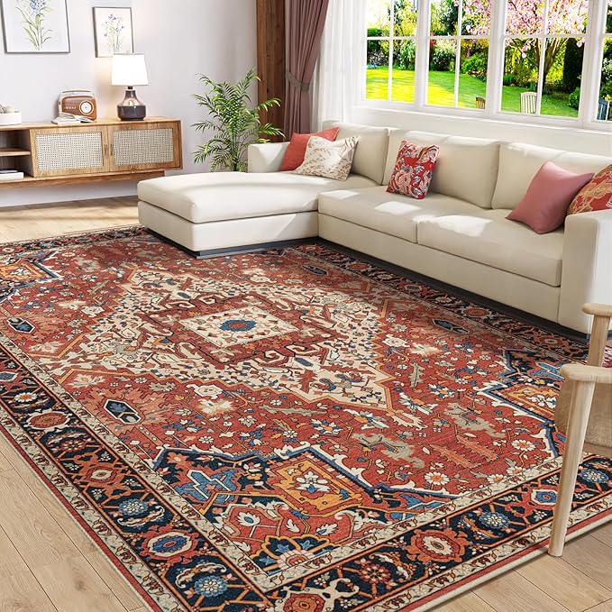 Amearea Vintage Design Orange Area Rugs for Living Room, 4x6 Machine Washable Floral Collection Traditional Bedroom Rug, Low Pile Dinning Room Carpet, No Slip Office Kitchen Home Decor, Orange