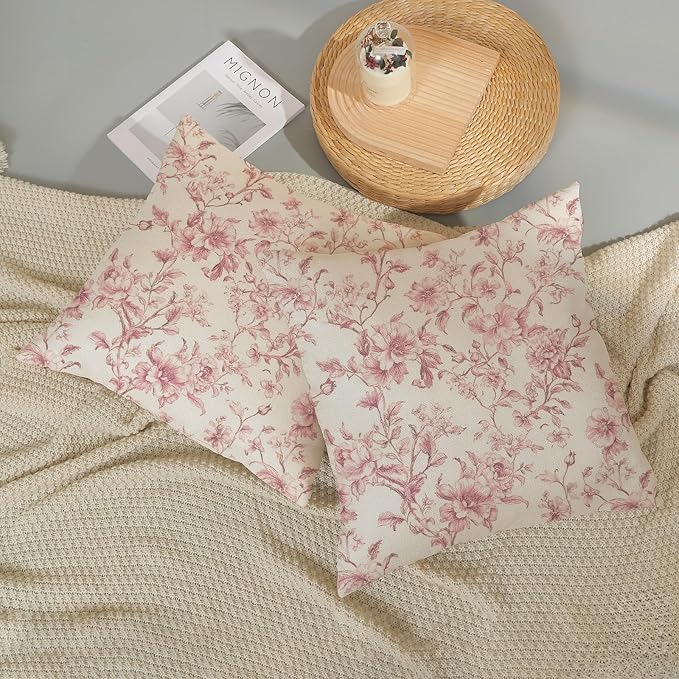 Pink Pillow Covers 18x18 Set of 2 Pink and Cream Floral Chinoiserie Throw Pillows Vintage Rustic Toile Flower Decorative Pillowcase Outdoor Chinoiserie Decor Linen Cushion Case for Couch Sofa