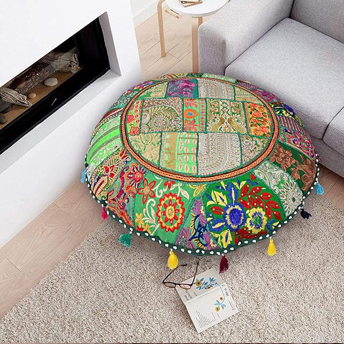Rajasthani Handmade Colorful Decorative Floor Pillow Cover Meditation Patchwork Patchwork Cushion Seating Accent Boho Chic Indian Handmade Cover ONLY (Green, 32X32 Inches)