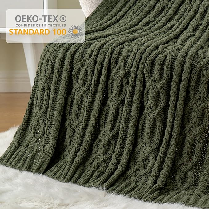 Battilo Olive Green Throw Blanket for Couch, Chunky Cable Knit Blanket, Woven Soft Cozy Chenille Throw Blanket for Bed, Sofa, Chair, Living Room, 51"x67"