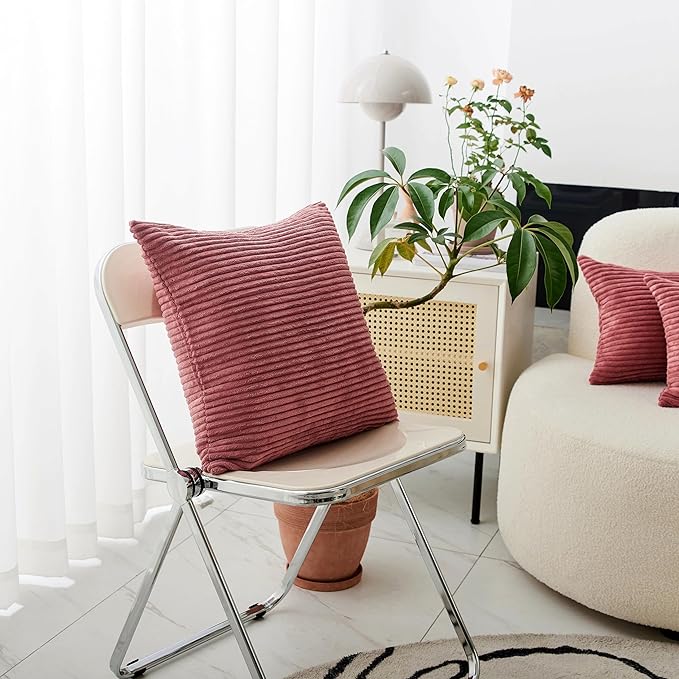 Home Brilliant 24x24 Pillow Covers Pink Decor Striped Velvet Corduroy Euro Sham Large Square Pillowcase for Sofa Bed, 60cm, Set of 2, Dry Rose Pink