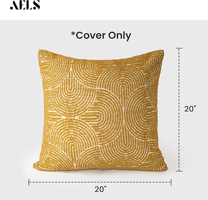 AELS Boho Decorative Textured Throw Pillow Covers 20x20, Organic Modern Mid Century Rainbow Tufted Pillow Case, Farmhouse Rustic Geometric Woven Cushion Case for Bed Couch Sofa, Mustard Yellow