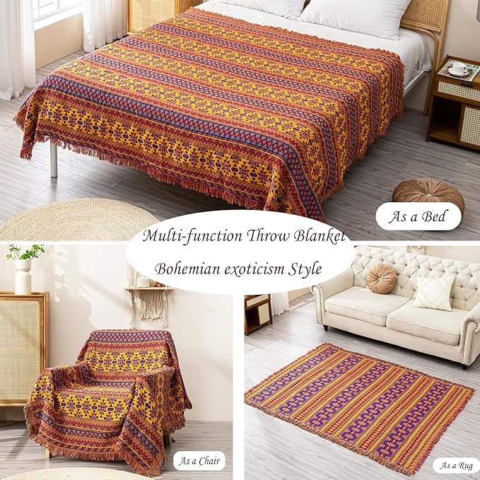 Boho Throw Blanket Couch Chair Cover, 100% Cotton Southwest Aztec Home Decor Throw - Reversible All Season Blanket for Bed Sofa Tapestry Outdoor Travel Camping. 71″×91″